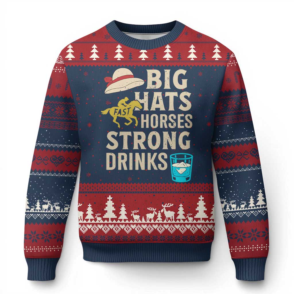 Big Hats Fast Horses Strong Drinks Retro Ugly Christmas Sweater Southern Derby Day Watch Party Graphic TS02 Navy Red Print Your Wear