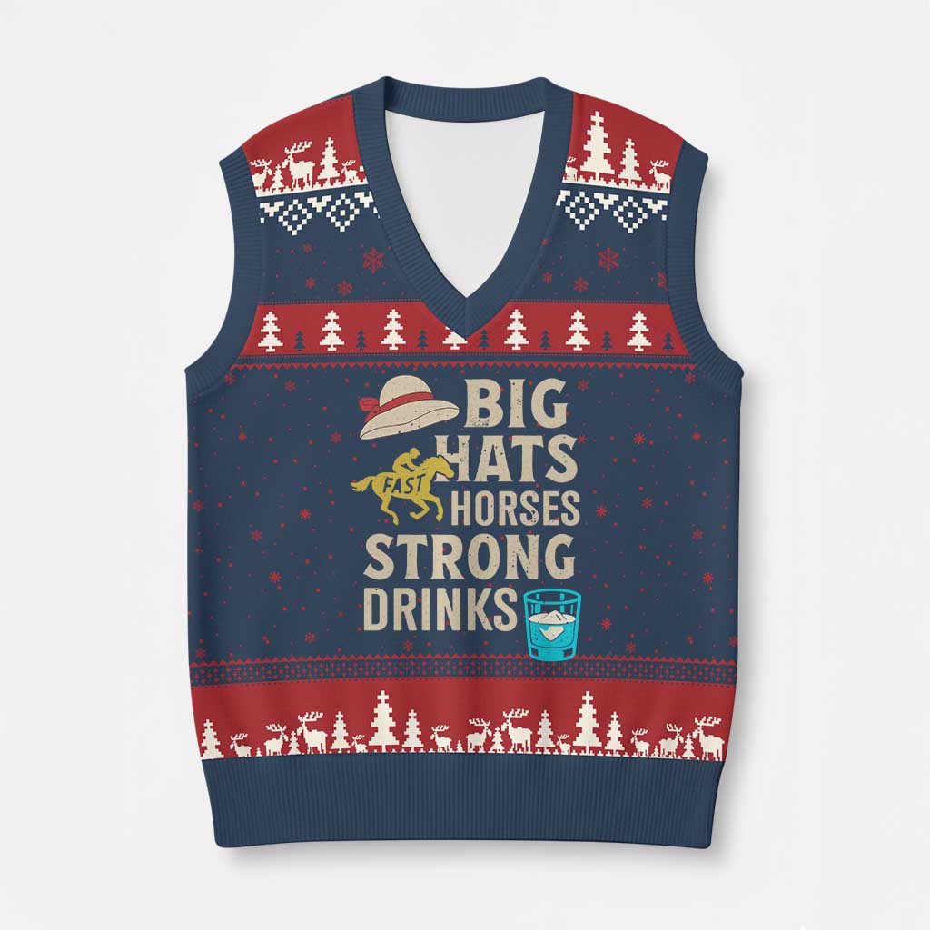Big Hats Fast Horses Strong Drinks Retro V-Neck Knit Sweater Vest Southern Derby Day Watch Party Graphic TS02 Navy Red Print Your Wear