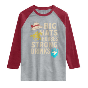 Big Hats Fast Horses Strong Drinks Retro Raglan Shirt Southern Derby Day Watch Party Graphic TS02 Heather Gray Heather Red Print Your Wear