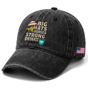 Big Hats Fast Horses Strong Drinks Retro Washed Cotton Baseball Cap Southern Derby Day Watch Party Graphic TS02 Print Your Wear