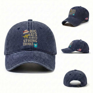 Big Hats Fast Horses Strong Drinks Retro Washed Cotton Baseball Cap Southern Derby Day Watch Party Graphic TS02 Washed Cap Universal Fit Navy Print Your Wear