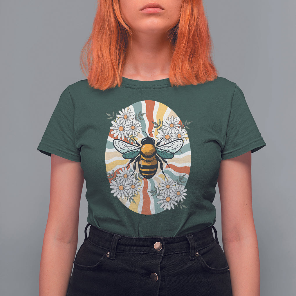 Vintage Bee Daisy Flowers Retro Groovy T Shirt For Women TS02 Dark Forest Green Printyourwear