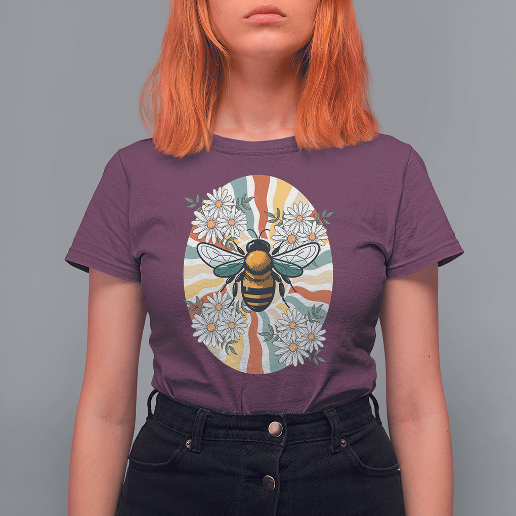 Vintage Bee Daisy Flowers Retro Groovy T Shirt For Women TS02 Maroon Printyourwear