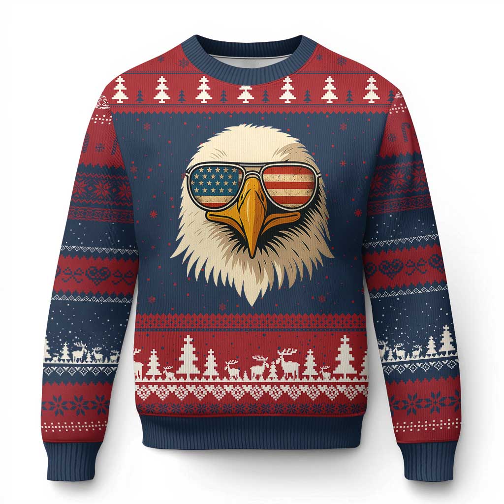 Patriotic Bald Eagle Ugly Christmas Sweater With Sunglasses American Flag Vintage TS02 Navy Red Print Your Wear