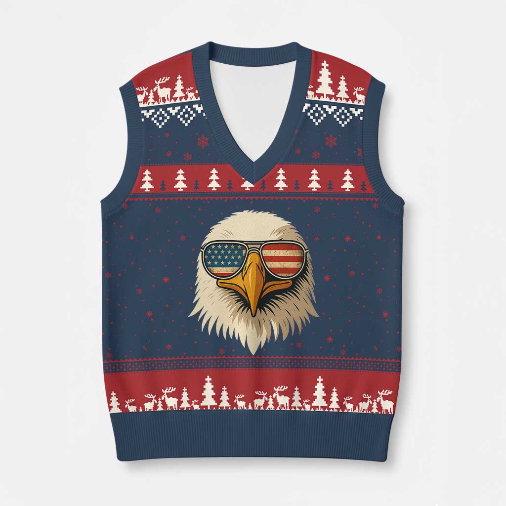 Patriotic Bald Eagle V-Neck Knit Sweater Vest With Sunglasses American Flag Vintage TS02 Navy Red Print Your Wear