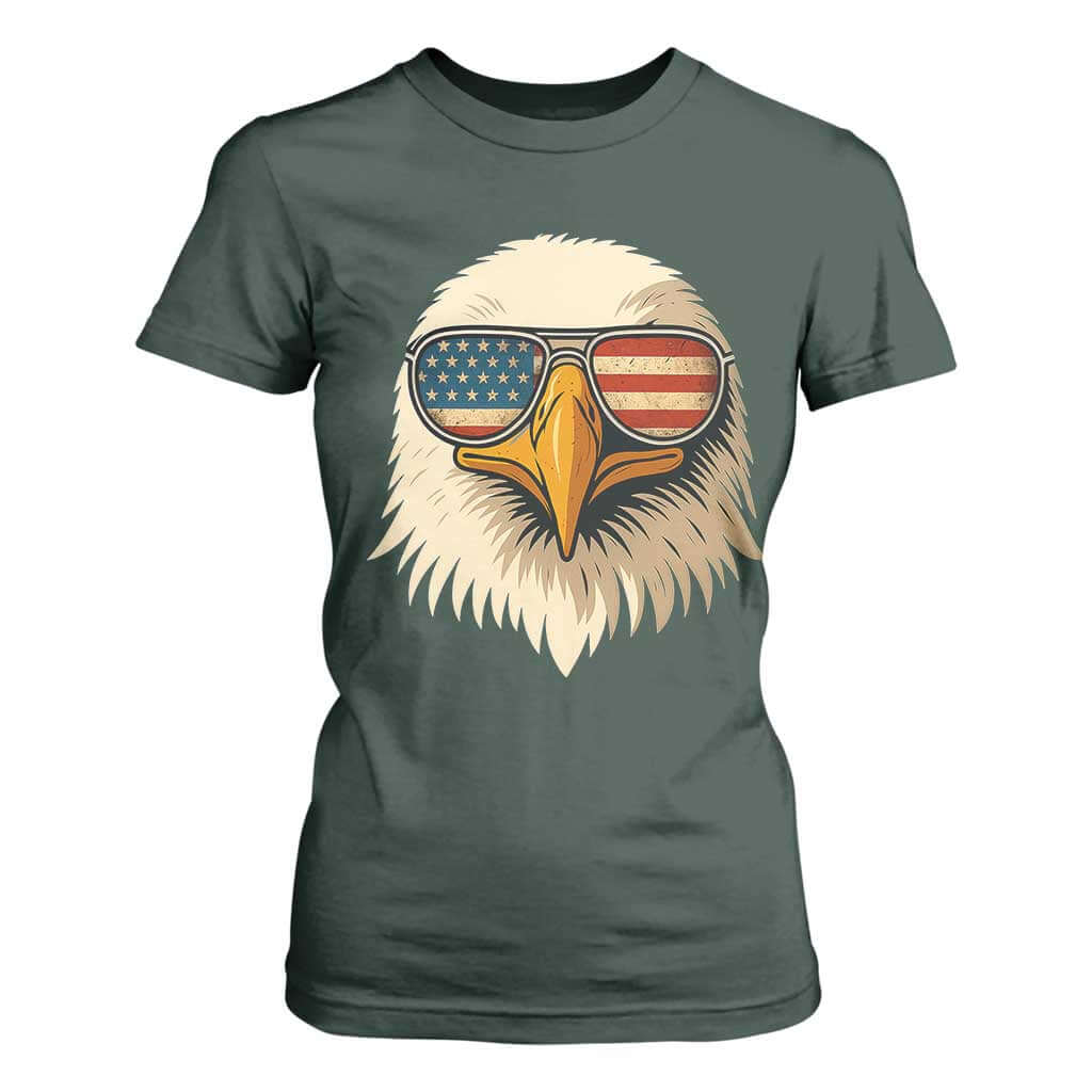 Patriotic Bald Eagle T Shirt For Women With Sunglasses American Flag Vintage TS02 Dark Forest Green Print Your Wear