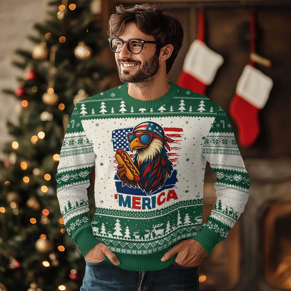 Funny American Eagle Eating Hot Dog Ugly Christmas Sweater 4th Of July Party Patriotic USA Flag TS02 Beige Green Print Your Wear