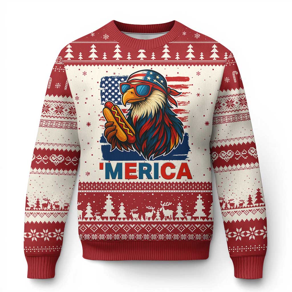 Funny American Eagle Eating Hot Dog Ugly Christmas Sweater 4th Of July Party Patriotic USA Flag TS02 Beige Red Print Your Wear