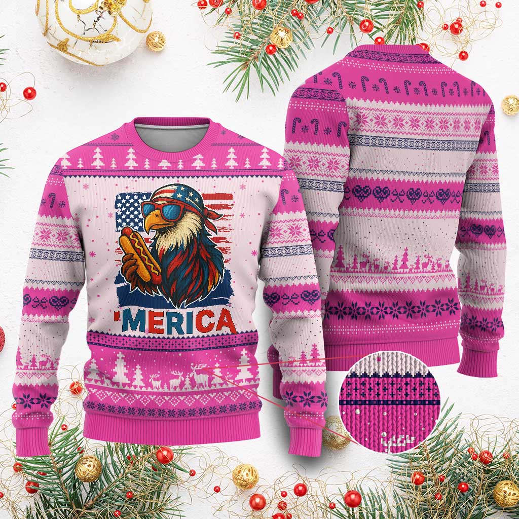 Funny American Eagle Eating Hot Dog Ugly Christmas Sweater 4th Of July Party Patriotic USA Flag TS02 Hot Pink Print Your Wear