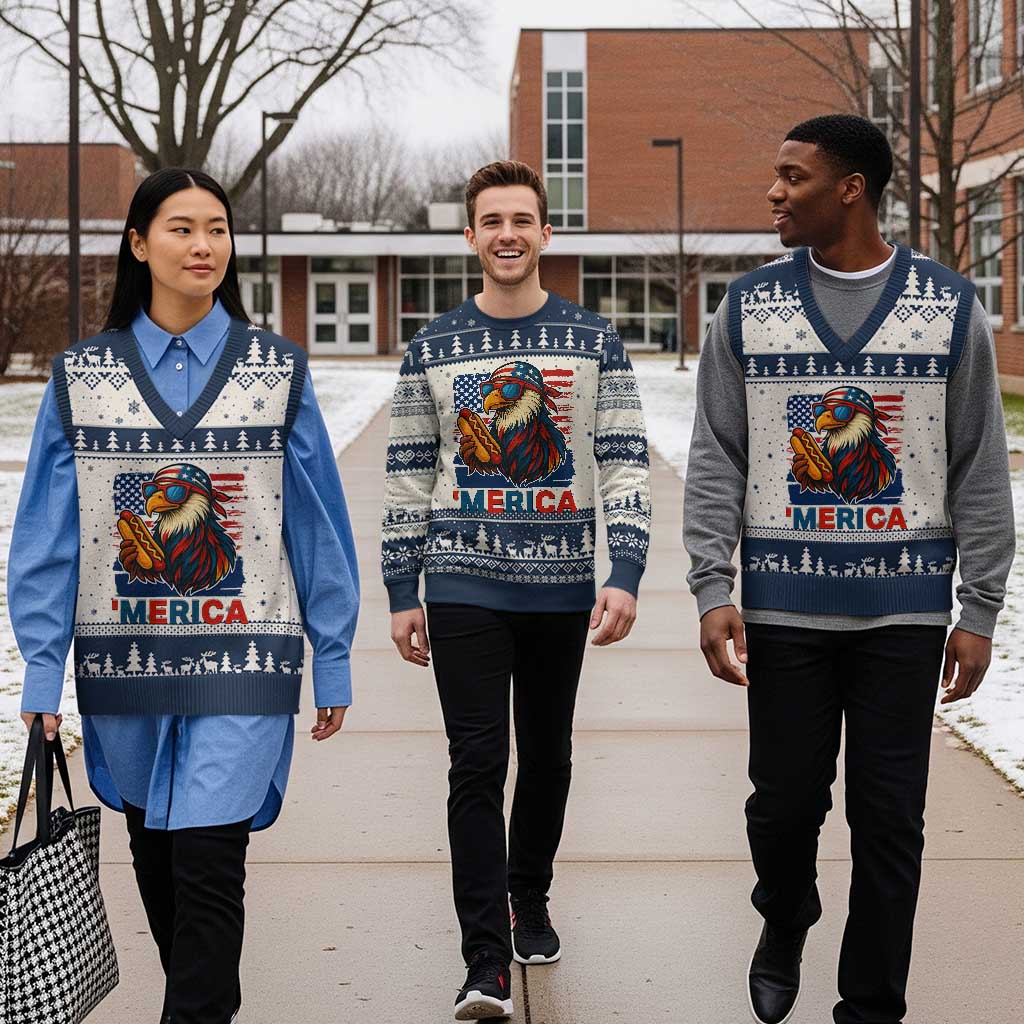 Funny American Eagle Eating Hot Dog V-Neck Knit Sweater Vest 4th Of July Party Patriotic USA Flag TS02 Beige Navy Print Your Wear