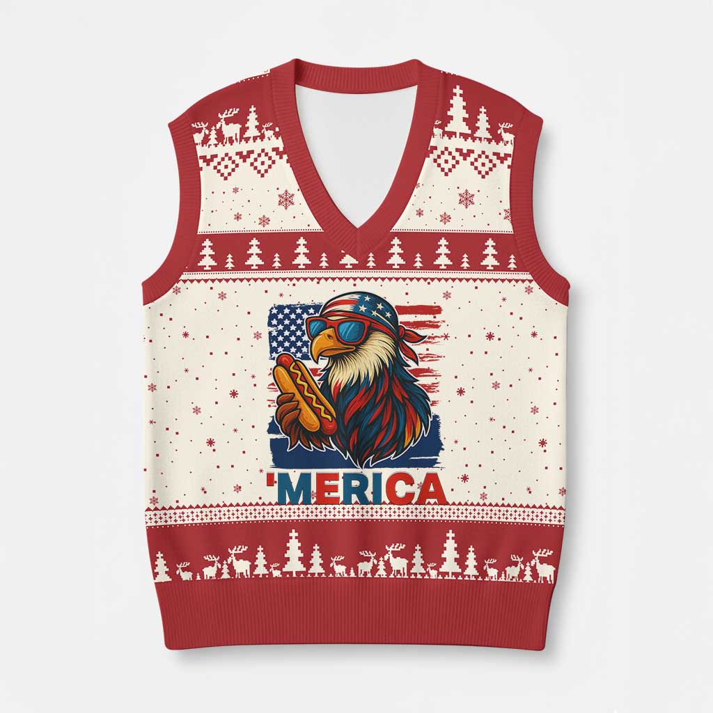 Funny American Eagle Eating Hot Dog V-Neck Knit Sweater Vest 4th Of July Party Patriotic USA Flag TS02 Beige Red Print Your Wear