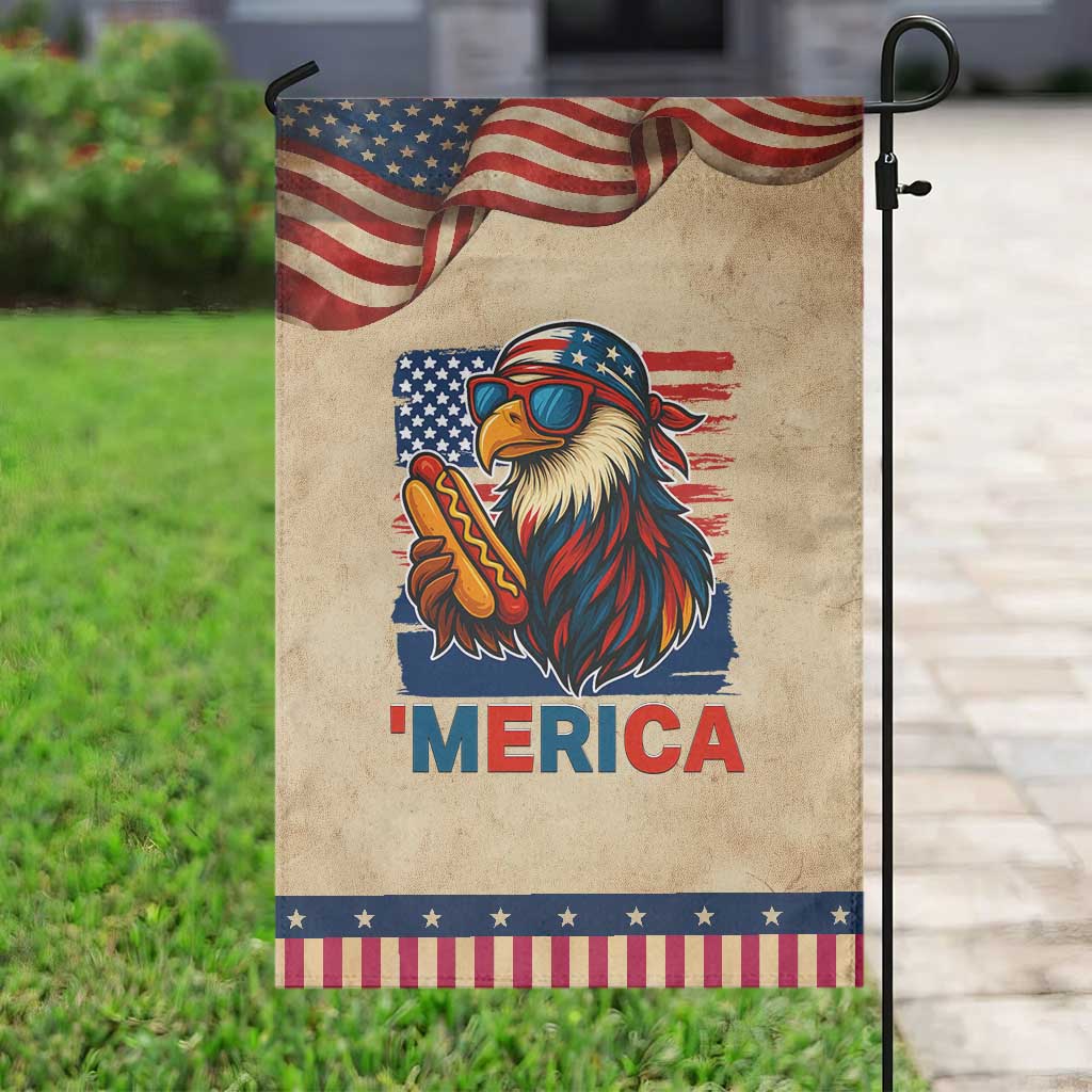 Funny American Eagle Eating Hot Dog Garden Flag 4th Of July Party Patriotic USA Flag TS02 Vintage Rustic Tan Navy Print Your Wear