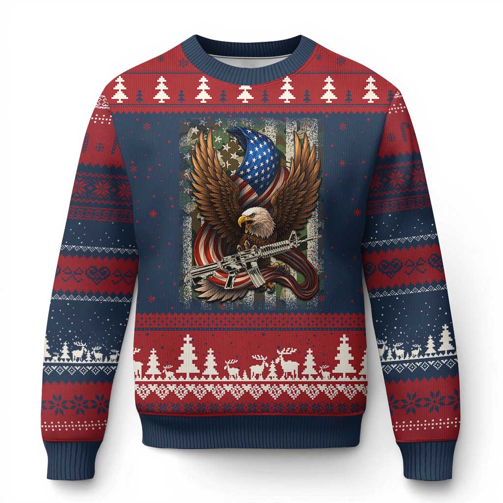 Patriotic Armed Eagle with Camo Flag Ugly Christmas Sweater Military Patriotic USA Defense TS02 Navy Red Print Your Wear