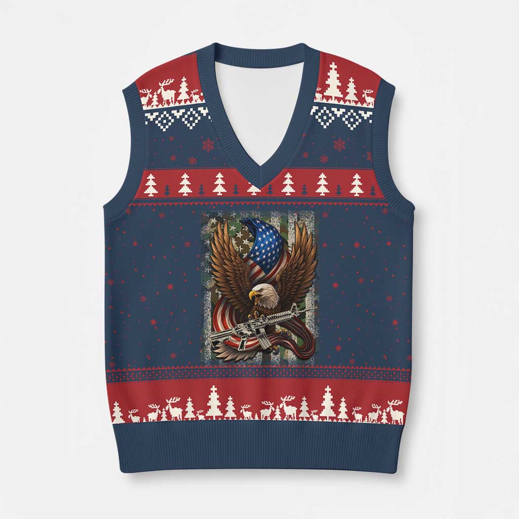 Patriotic Armed Eagle with Camo Flag V-Neck Knit Sweater Vest Military Patriotic USA Defense TS02 Navy Red Print Your Wear