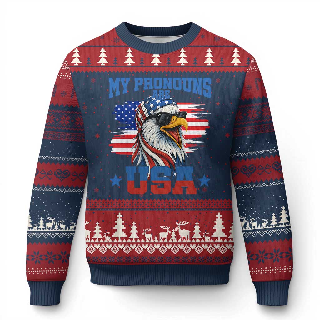 My Pronouns Are USA Ugly Christmas Sweater Bold Patriotic Eagle with American Flag Bandana Mullet TS02 Navy Red Print Your Wear