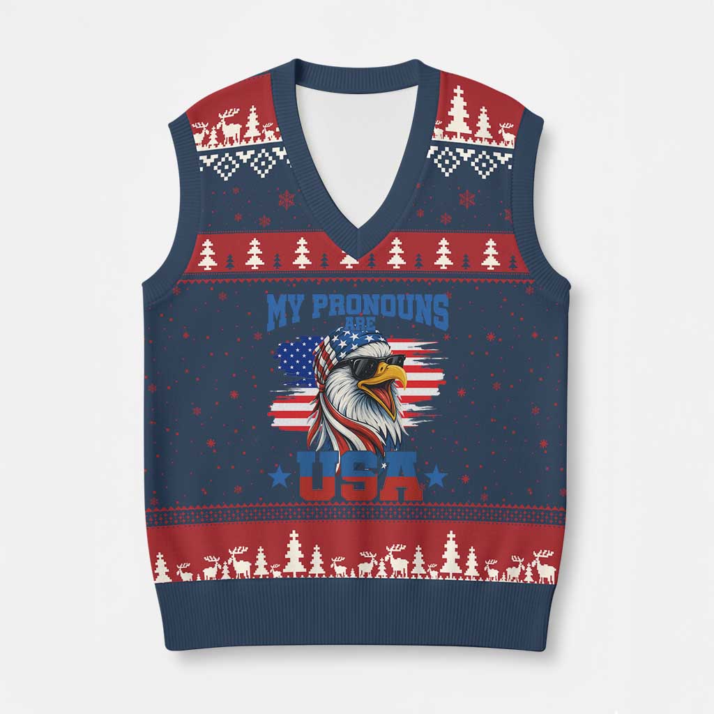 My Pronouns Are USA V-Neck Knit Sweater Vest Bold Patriotic Eagle with American Flag Bandana Mullet TS02 Navy Red Print Your Wear
