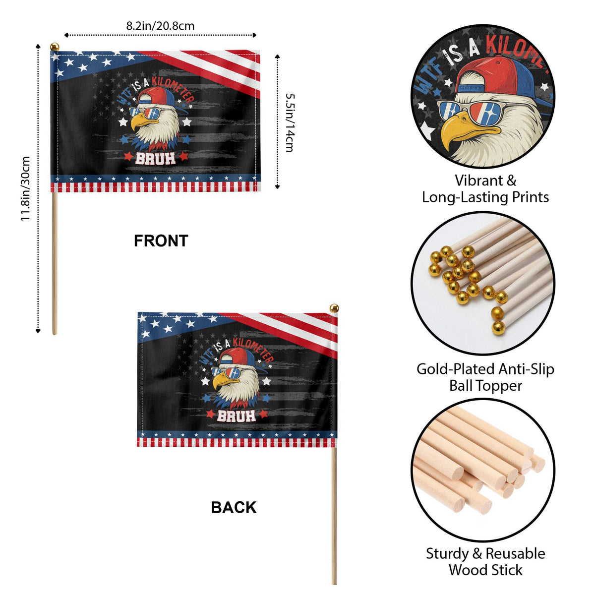 WTF Is A Kilometer Bruh Patriotic Handheld Flag Funny Patriotic American Bald Eagle TS02 Print Your Wear