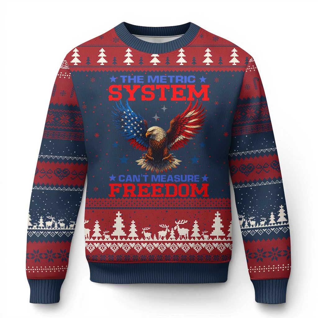 The Metric System Can't Measure Freedom Ugly Christmas Sweater Funny Patriotic Eagle 4th of July USA Flag TS02 Navy Red Print Your Wear