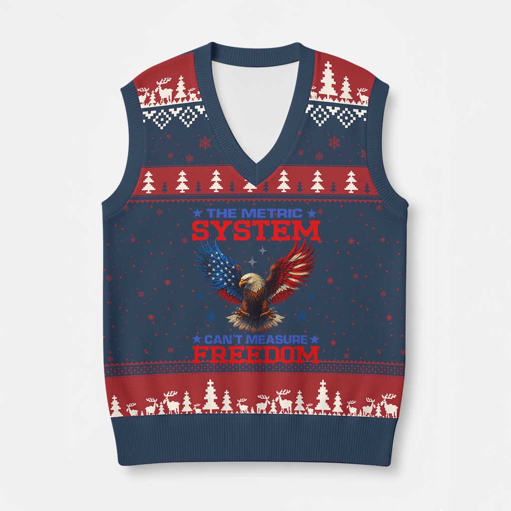 The Metric System Can't Measure Freedom V-Neck Knit Sweater Vest Funny Patriotic Eagle 4th of July USA Flag TS02 Navy Red Print Your Wear