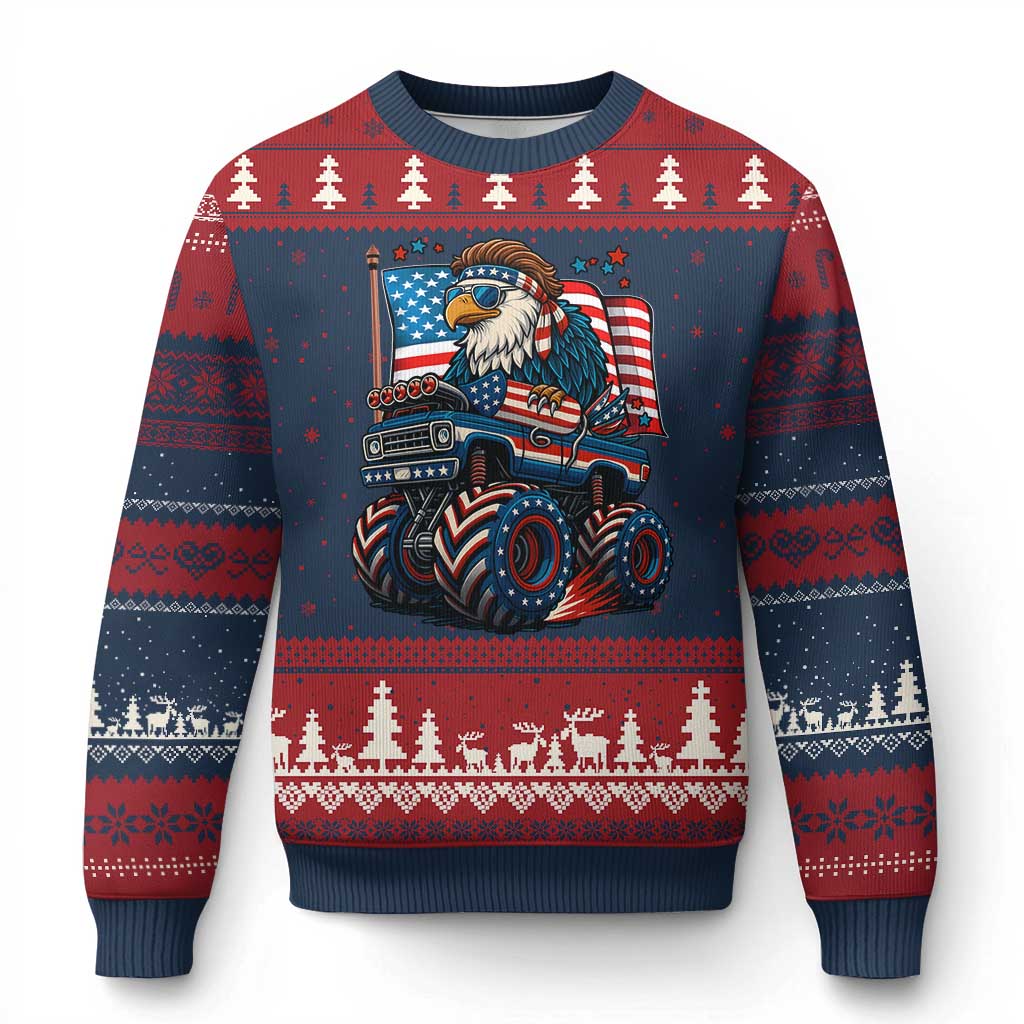 Patriotic Eagle Driving Monster Truck Ugly Christmas Sweater 4th of July USA Flag Freedom TS02 Navy Red Print Your Wear