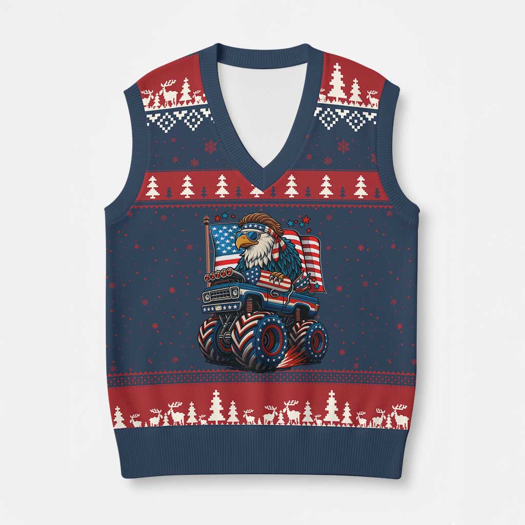 Patriotic Eagle Driving Monster Truck V-Neck Knit Sweater Vest 4th of July USA Flag Freedom TS02 Navy Red Print Your Wear