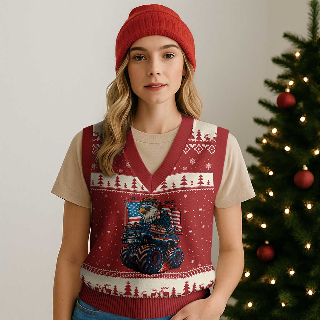 Patriotic Eagle Driving Monster Truck V-Neck Knit Sweater Vest 4th of July USA Flag Freedom TS02 Red Beige Print Your Wear