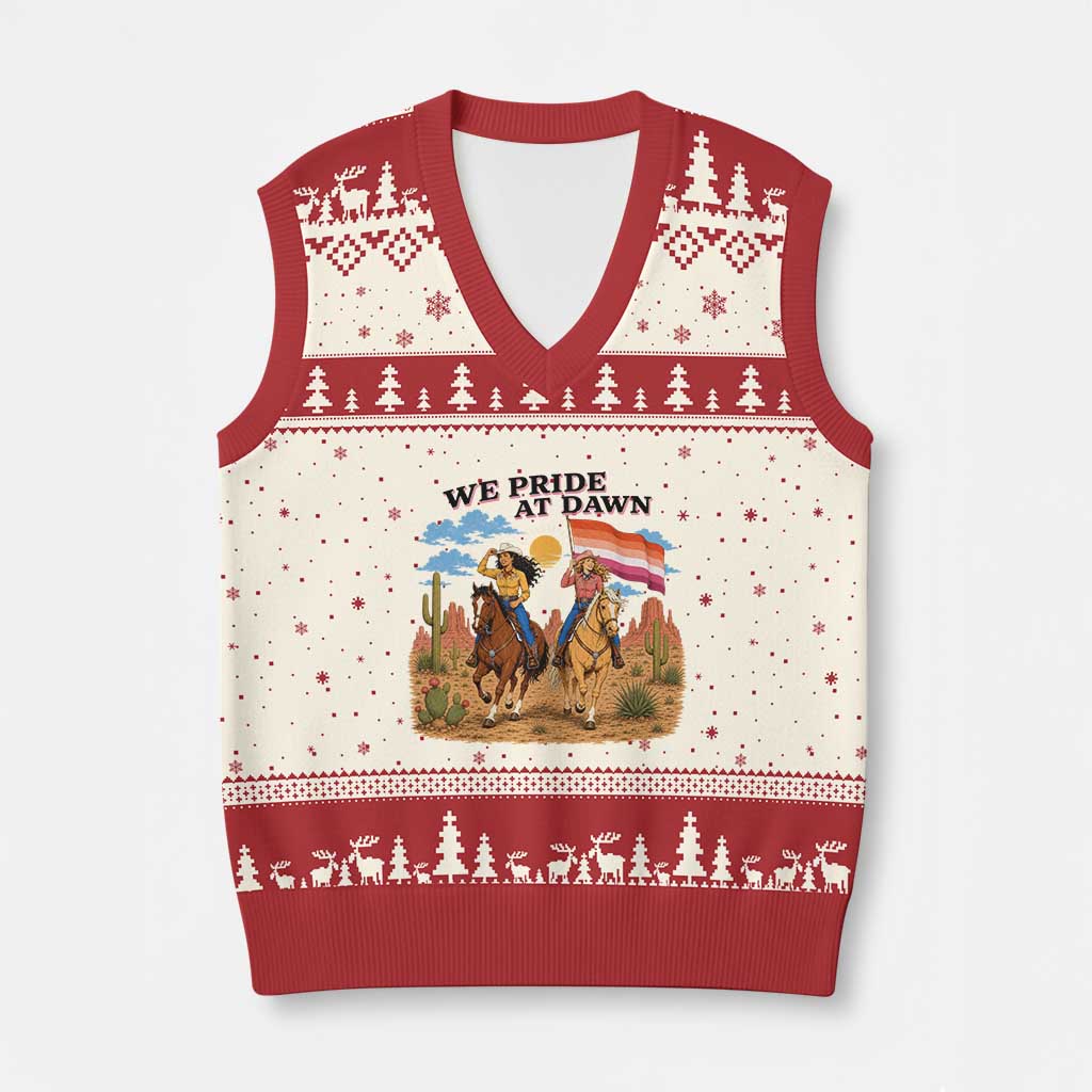 We Pride at Dawn Lesbian Cowgirl V-Neck Knit Sweater Vest Country Western Retro Graphic Pride Month TS02 Beige Red Print Your Wear