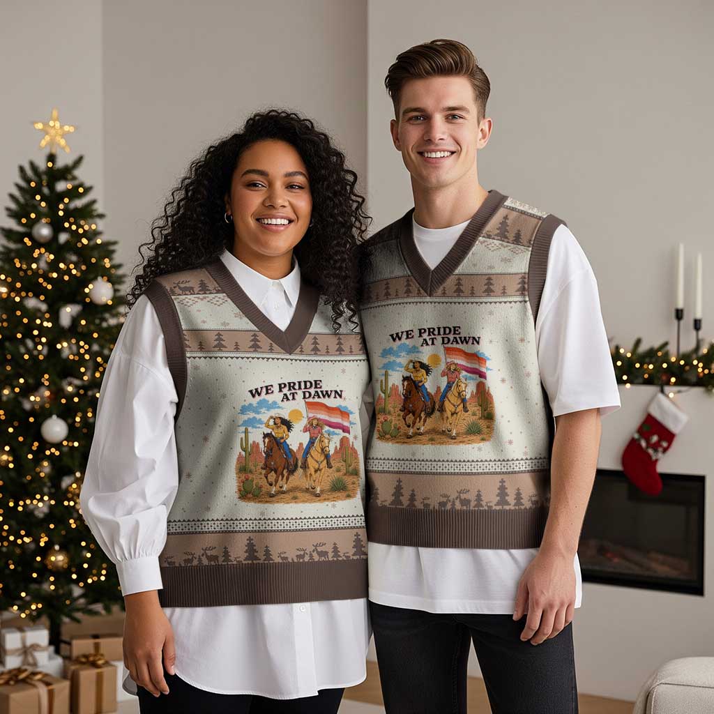 We Pride at Dawn Lesbian Cowgirl V-Neck Knit Sweater Vest Country Western Retro Graphic Pride Month
