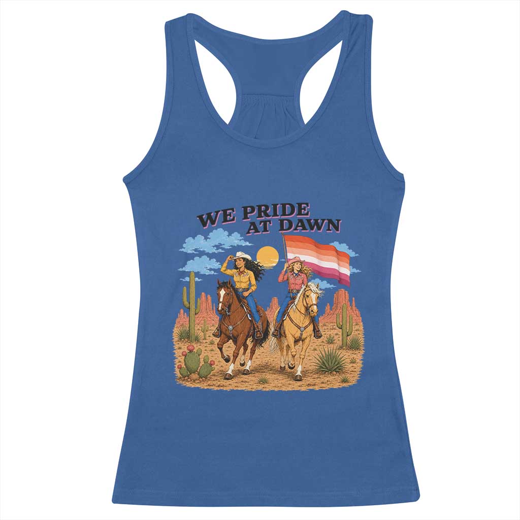 We Pride at Dawn Lesbian Cowgirl Racerback Tank Top Country Western Retro Graphic Pride Month