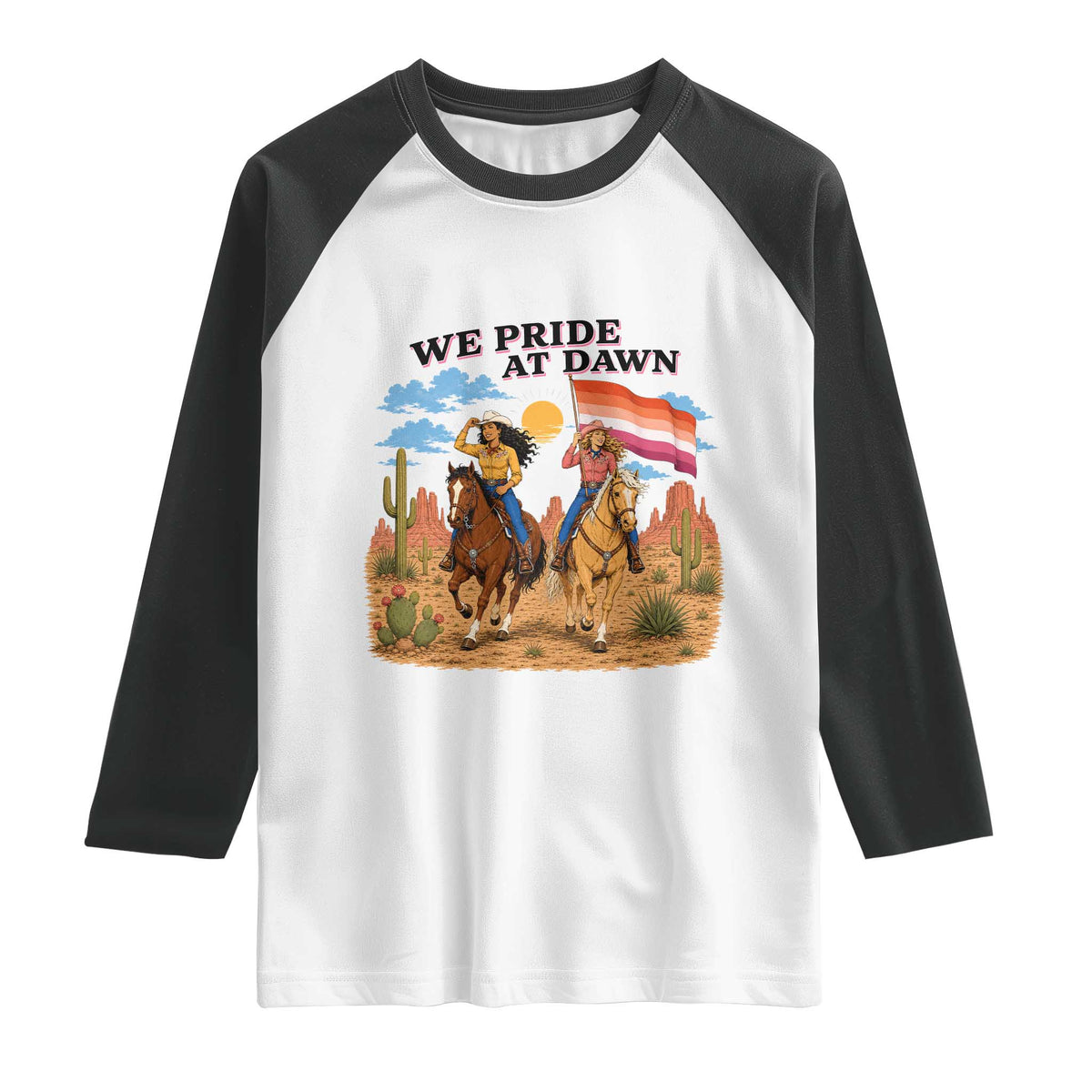 We Pride at Dawn Lesbian Cowgirl Raglan Shirt Country Western Retro Graphic Pride Month