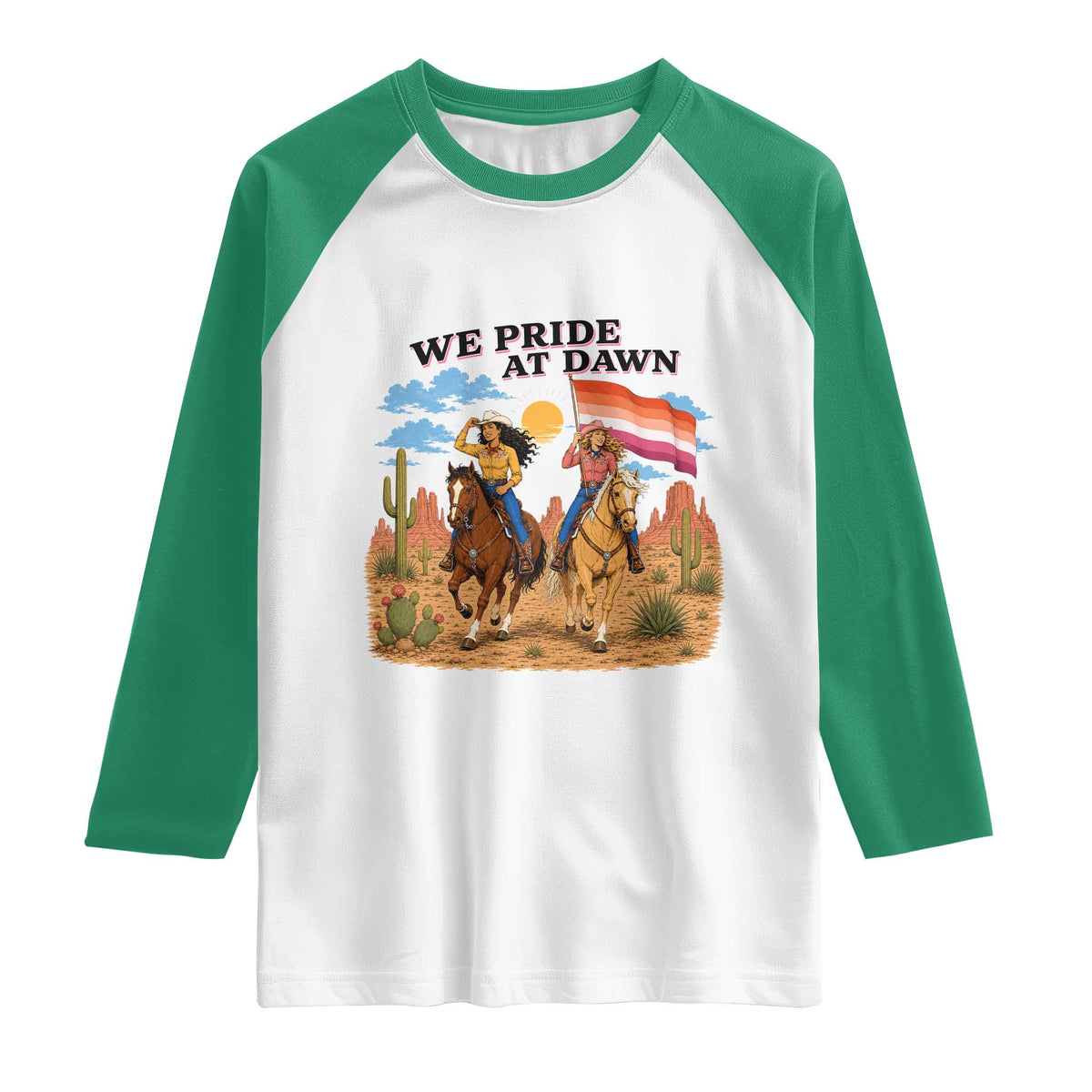We Pride at Dawn Lesbian Cowgirl Raglan Shirt Country Western Retro Graphic Pride Month