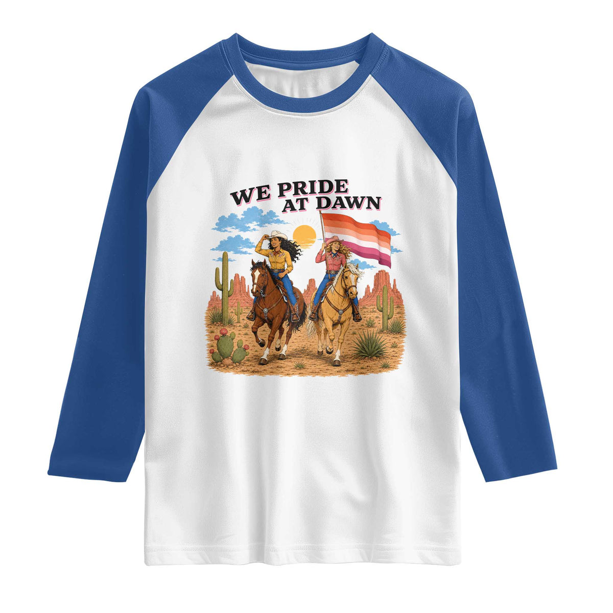 We Pride at Dawn Lesbian Cowgirl Raglan Shirt Country Western Retro Graphic Pride Month