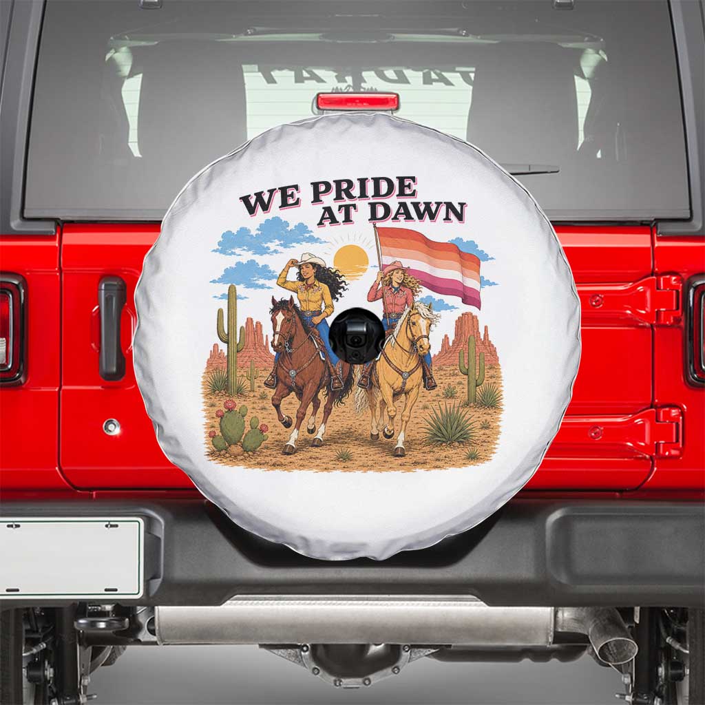 We Pride at Dawn Lesbian Cowgirl Spare Tire Cover Country Western Retro Graphic Pride Month TS02 White Print Your Wear
