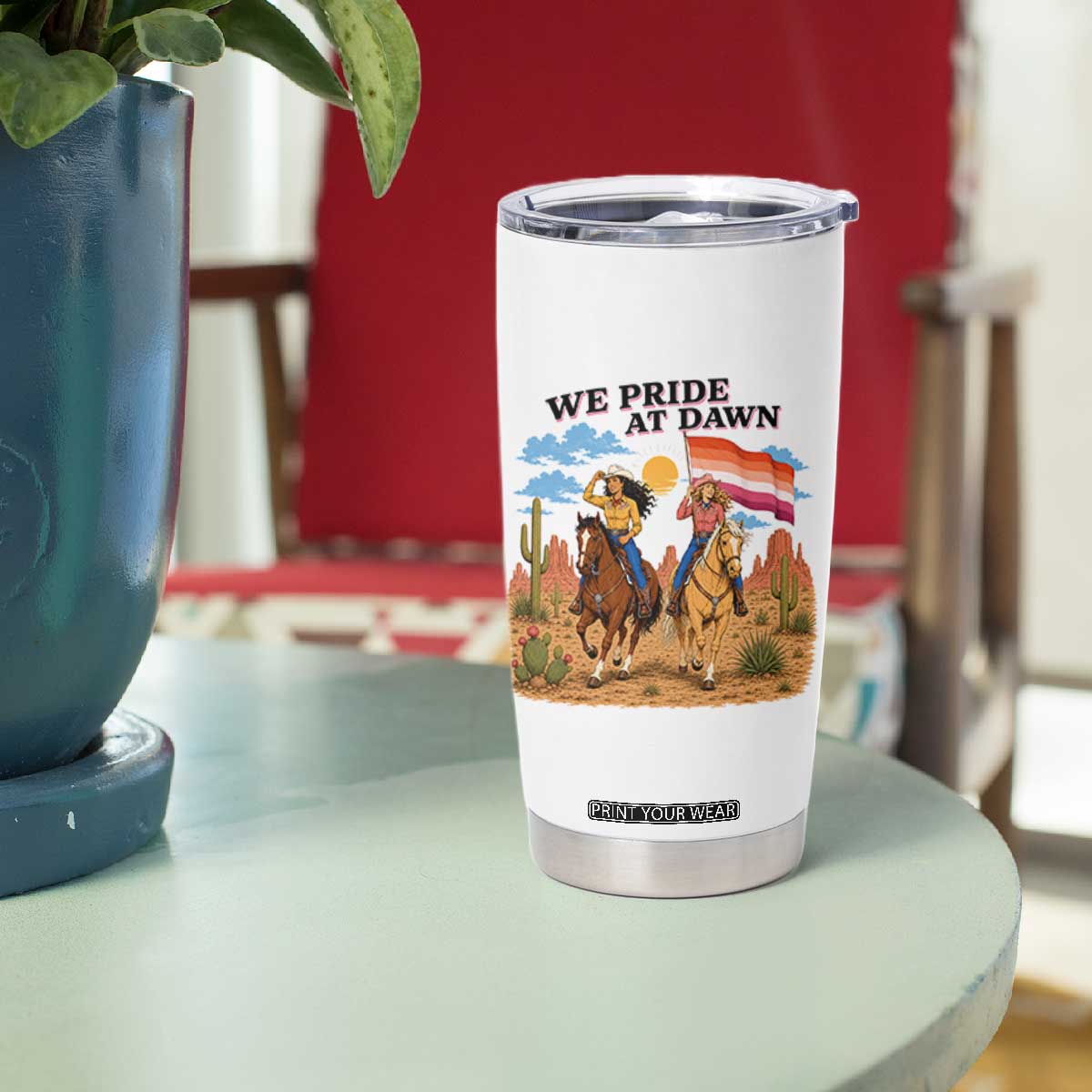 We Pride at Dawn Lesbian Cowgirl Tumbler Cup Country Western Retro Graphic Pride Month