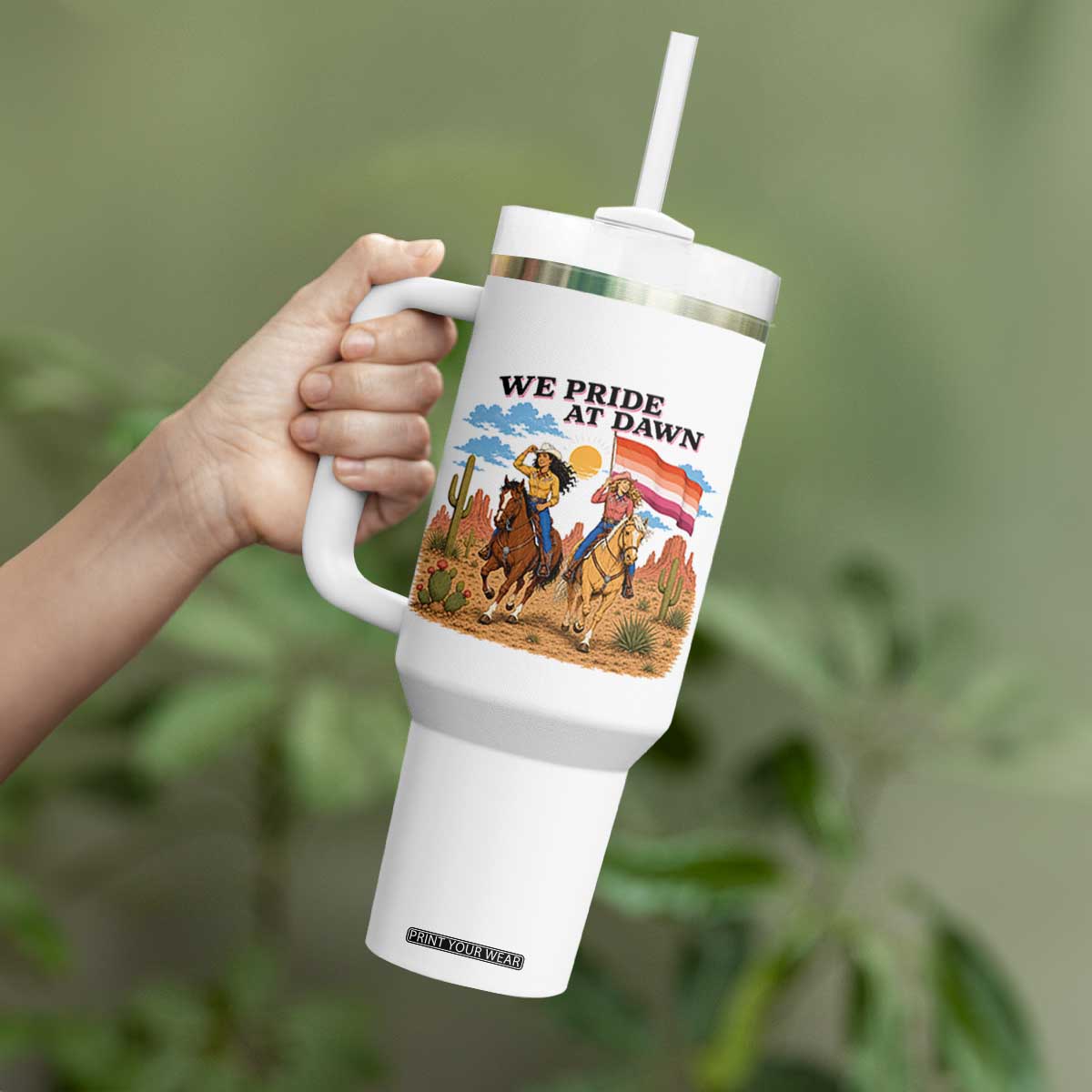 We Pride at Dawn Lesbian Cowgirl Tumbler With Handle Country Western Retro Graphic Pride Month