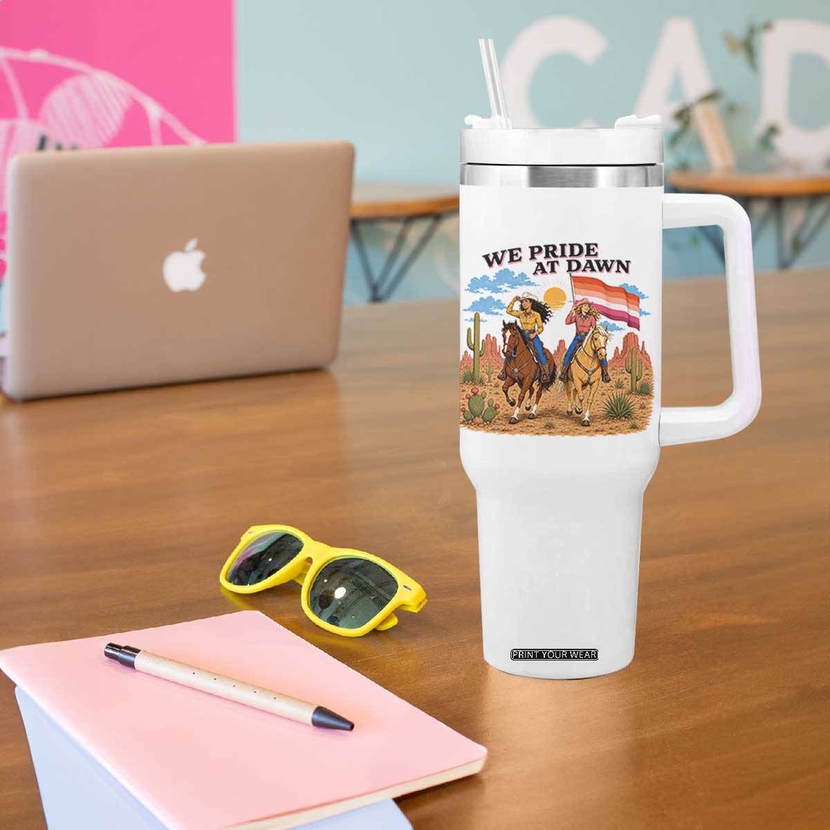 We Pride at Dawn Lesbian Cowgirl Tumbler With Handle Country Western Retro Graphic Pride Month