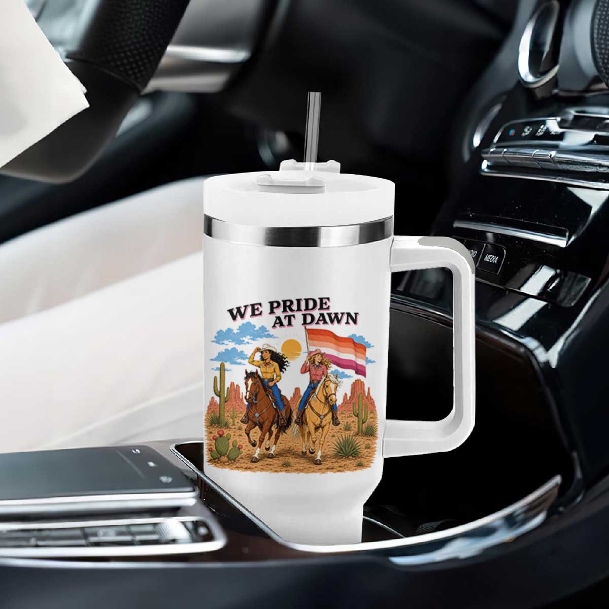 We Pride at Dawn Lesbian Cowgirl Tumbler With Handle Country Western Retro Graphic Pride Month
