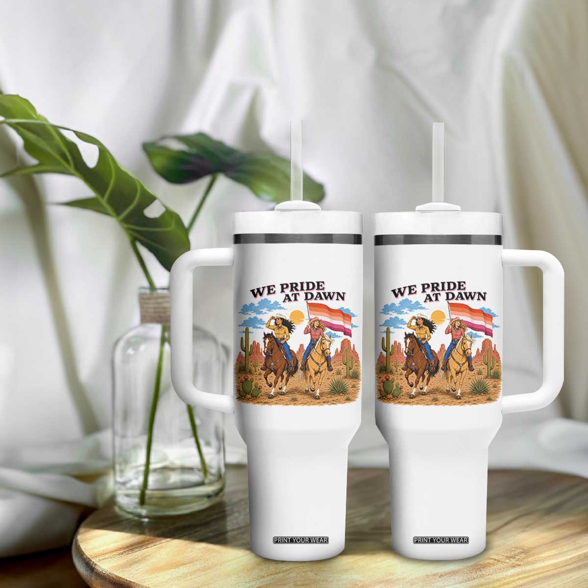 We Pride at Dawn Lesbian Cowgirl Tumbler With Handle Country Western Retro Graphic Pride Month