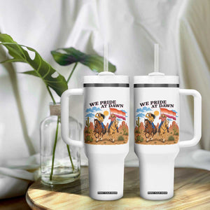We Pride at Dawn Lesbian Cowgirl Tumbler With Handle Country Western Retro Graphic Pride Month