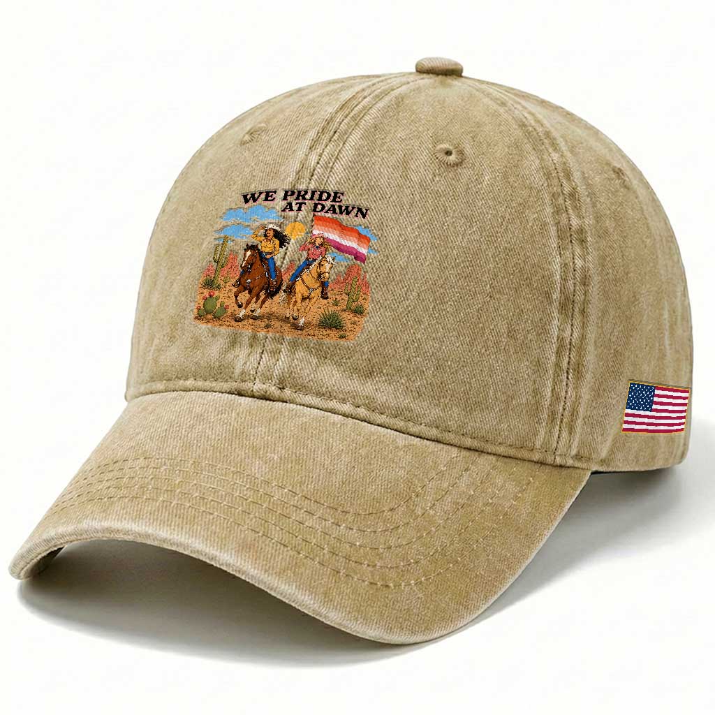 We Pride at Dawn Lesbian Cowgirl Washed Cotton Baseball Cap Country Western Retro Graphic Pride Month