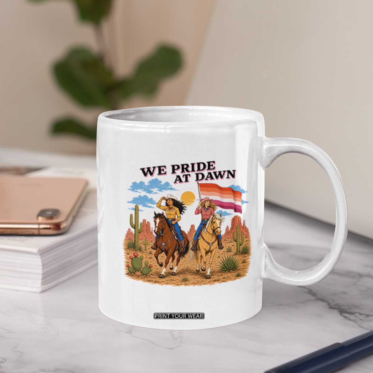 We Pride at Dawn Lesbian Cowgirl Coffee Mug Country Western Retro Graphic Pride Month