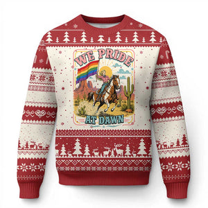 We Pride at Dawn Retro Rainbow Cowgirl Ugly Christmas Sweater Pride Month Country Western Vibes