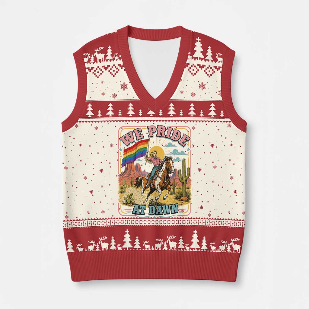 We Pride at Dawn Retro Rainbow Cowgirl V-Neck Knit Sweater Vest Pride Month Country Western Vibes