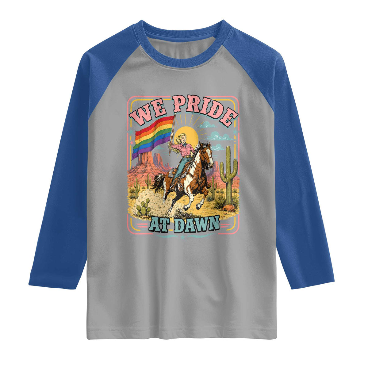 We Pride at Dawn Retro Rainbow Cowgirl Raglan Shirt Pride Month Country Western Vibes