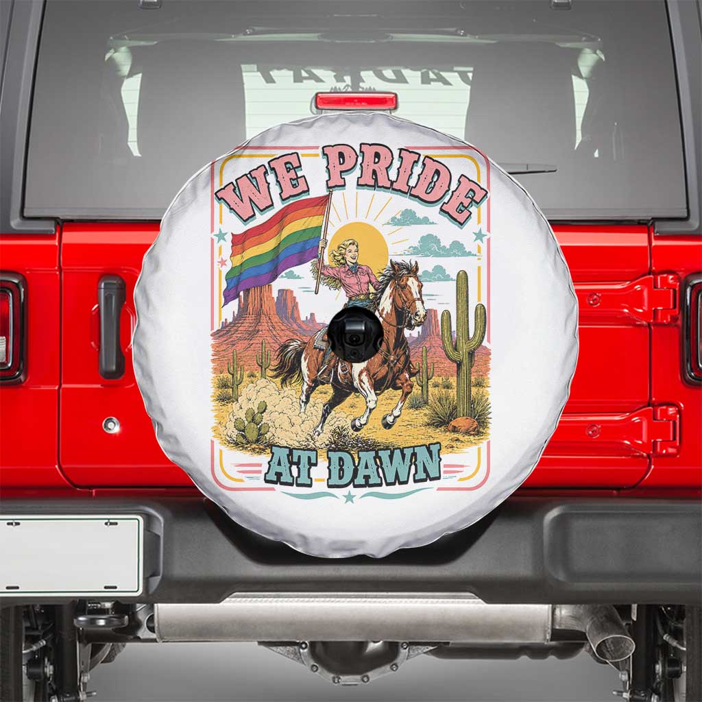 We Pride at Dawn Retro Rainbow Cowgirl Spare Tire Cover Pride Month Country Western Vibes