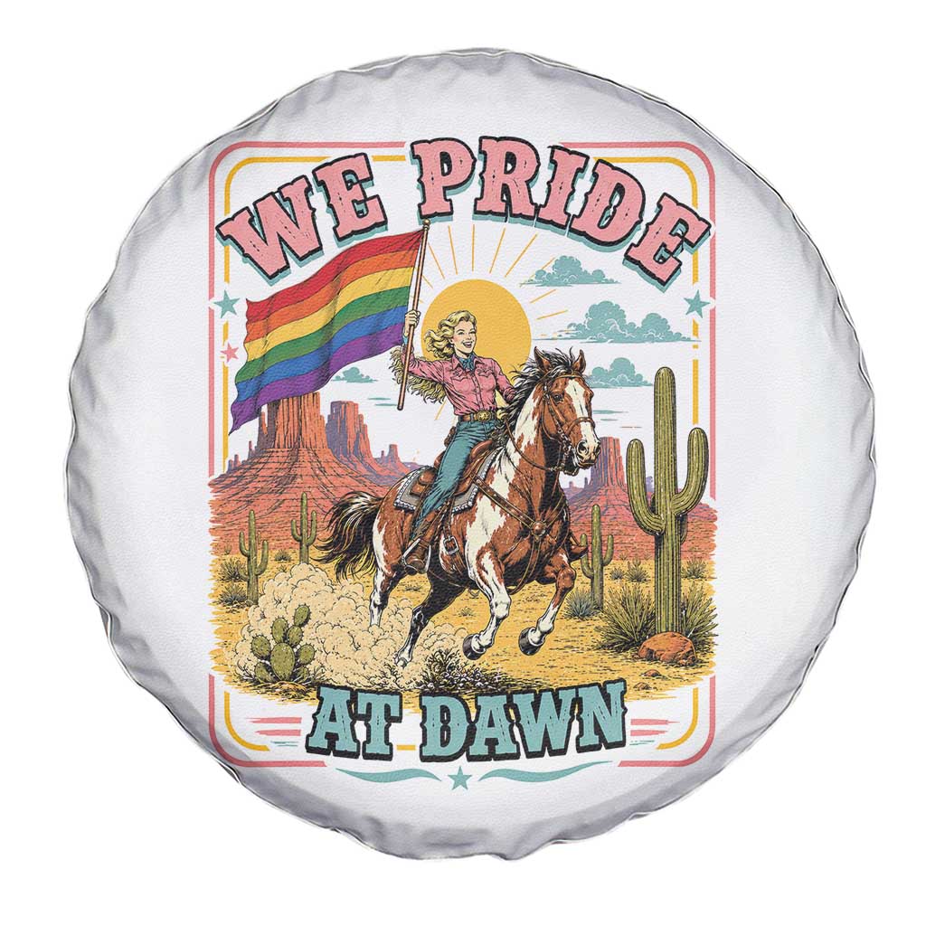 We Pride at Dawn Retro Rainbow Cowgirl Spare Tire Cover Pride Month Country Western Vibes