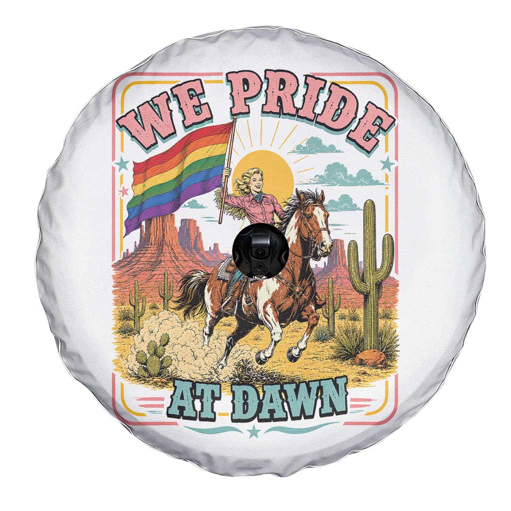 We Pride at Dawn Retro Rainbow Cowgirl Spare Tire Cover Pride Month Country Western Vibes