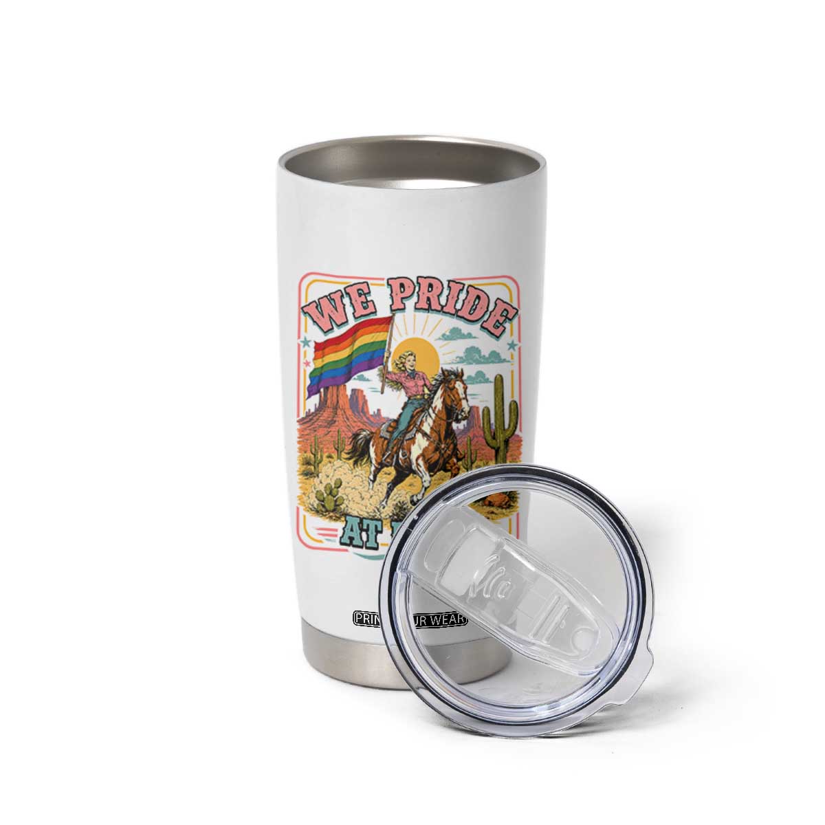 We Pride at Dawn Retro Rainbow Cowgirl Tumbler Cup Pride Month Country Western Vibes