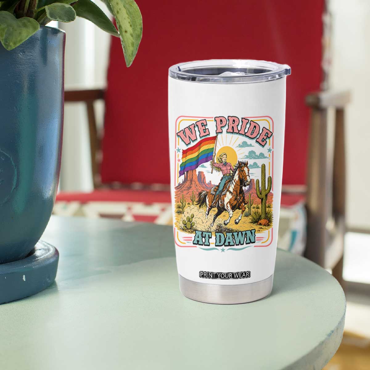 We Pride at Dawn Retro Rainbow Cowgirl Tumbler Cup Pride Month Country Western Vibes