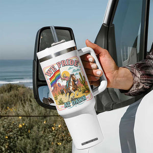 We Pride at Dawn Retro Rainbow Cowgirl Tumbler With Handle Pride Month Country Western Vibes